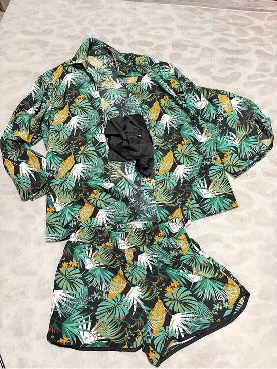 Ily Couture Pants - KEY CoutureTropical Print Pajama Set - Green, White & Mustard